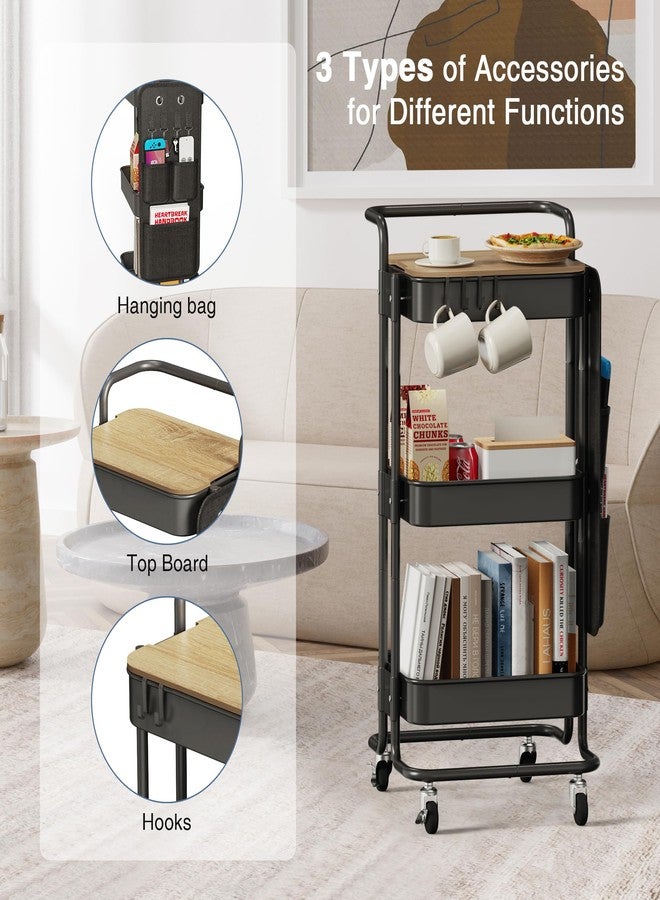 DTK 3 Tier Metal Utility Rolling Cart with Table Top and Side Bags, Tray Storage Organizer Wheels, Art Craft 4 Hooks for Kitchen Bathroom Office Living Room (Black) - Image 5